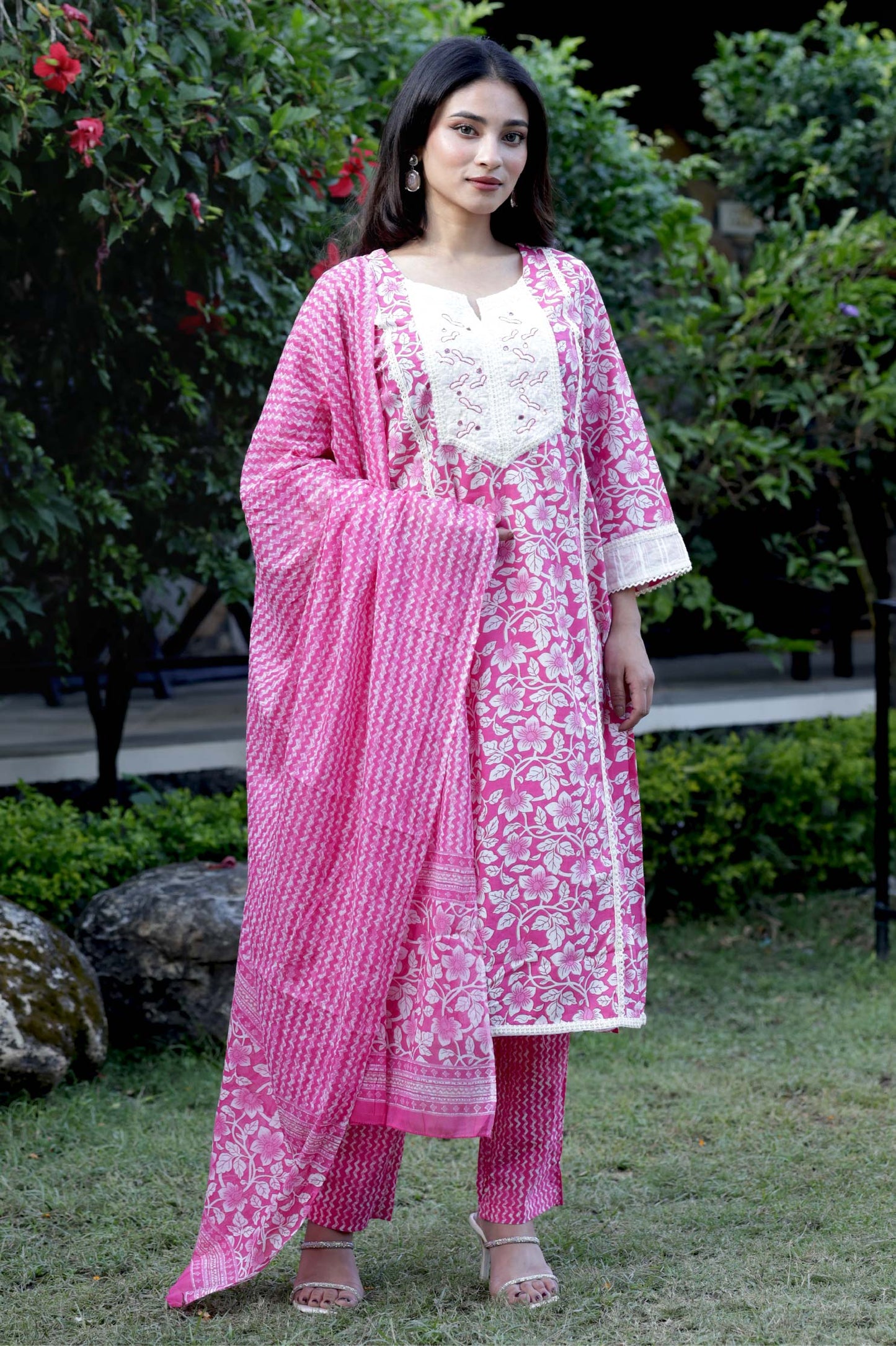 Bloom - Pink Floral Printed Cotton Kurta Set