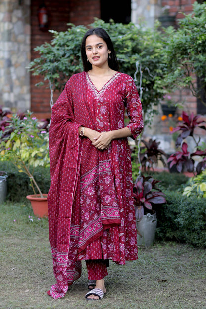 Blue, Red Handblock Cotton Anarkali Suit with Dupatta – M to 3XL