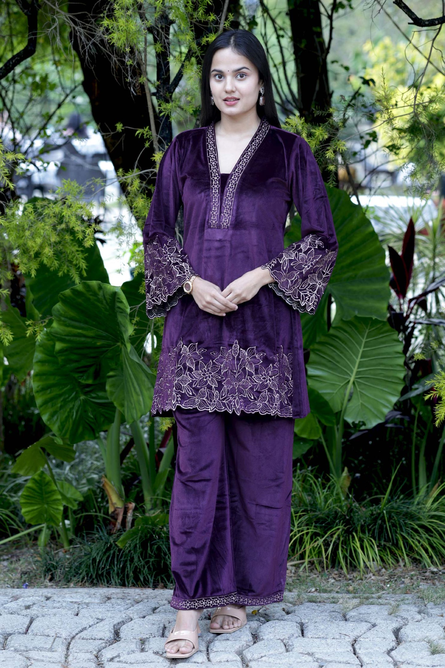 Sehaj-Royal Plum Velvet Cord-Set