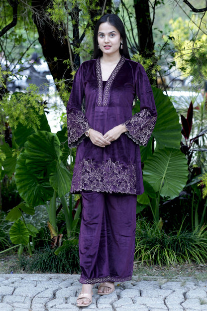 Sehaj-Royal Plum Velvet Cord-Set