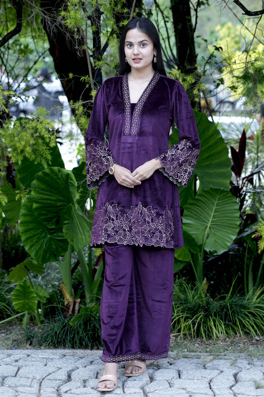 Sehaj-Royal Plum Velvet Cord-Set