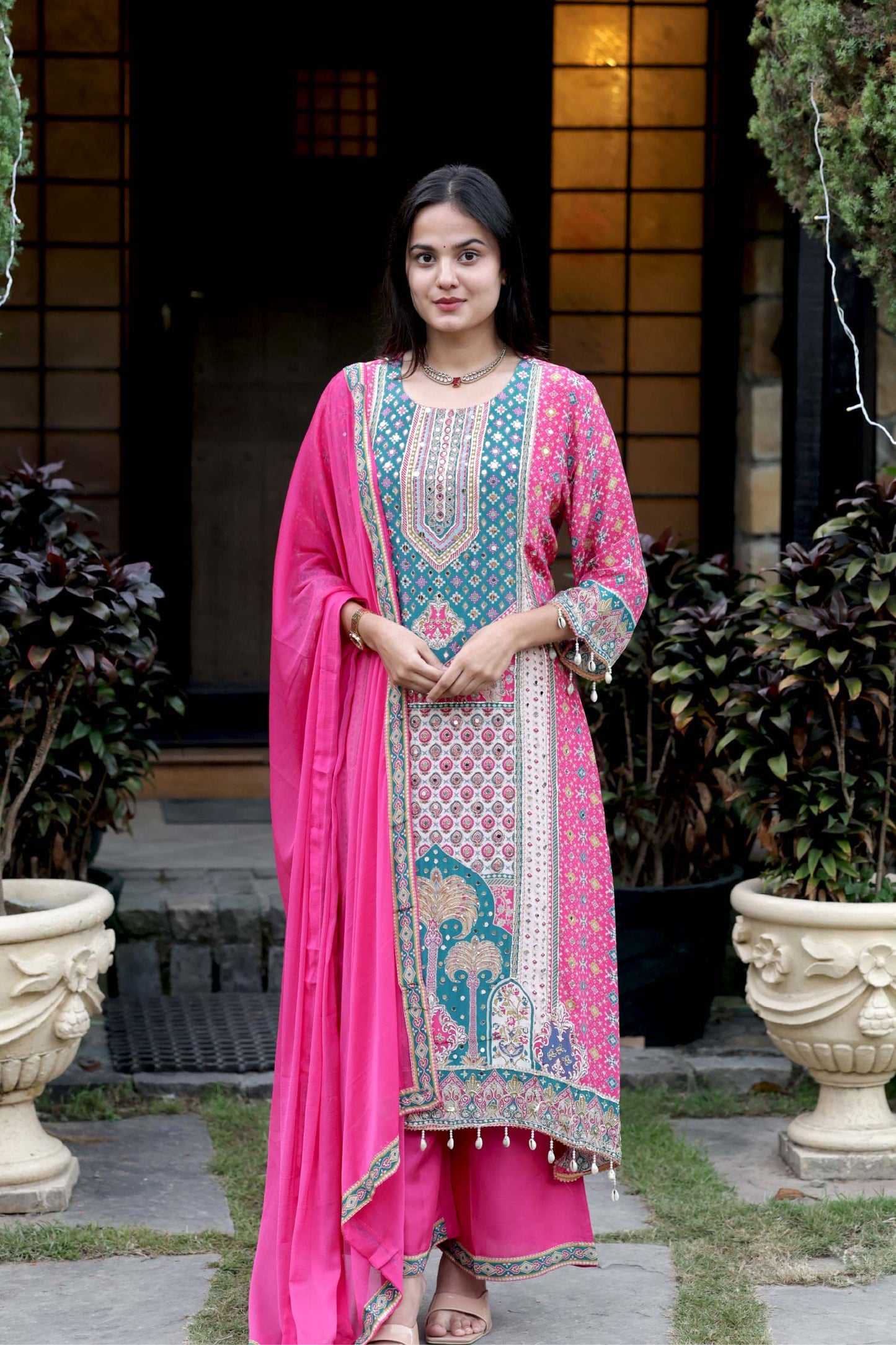 Gulrukh - Pink Yellow Floral Cotton Suit Set with Dupatta