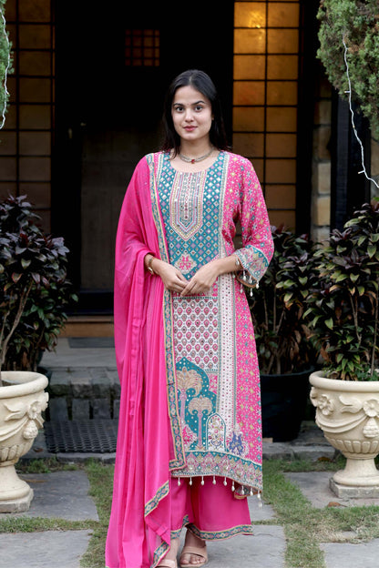 Gulrukh - Pink Yellow Floral Cotton Suit Set with Dupatta