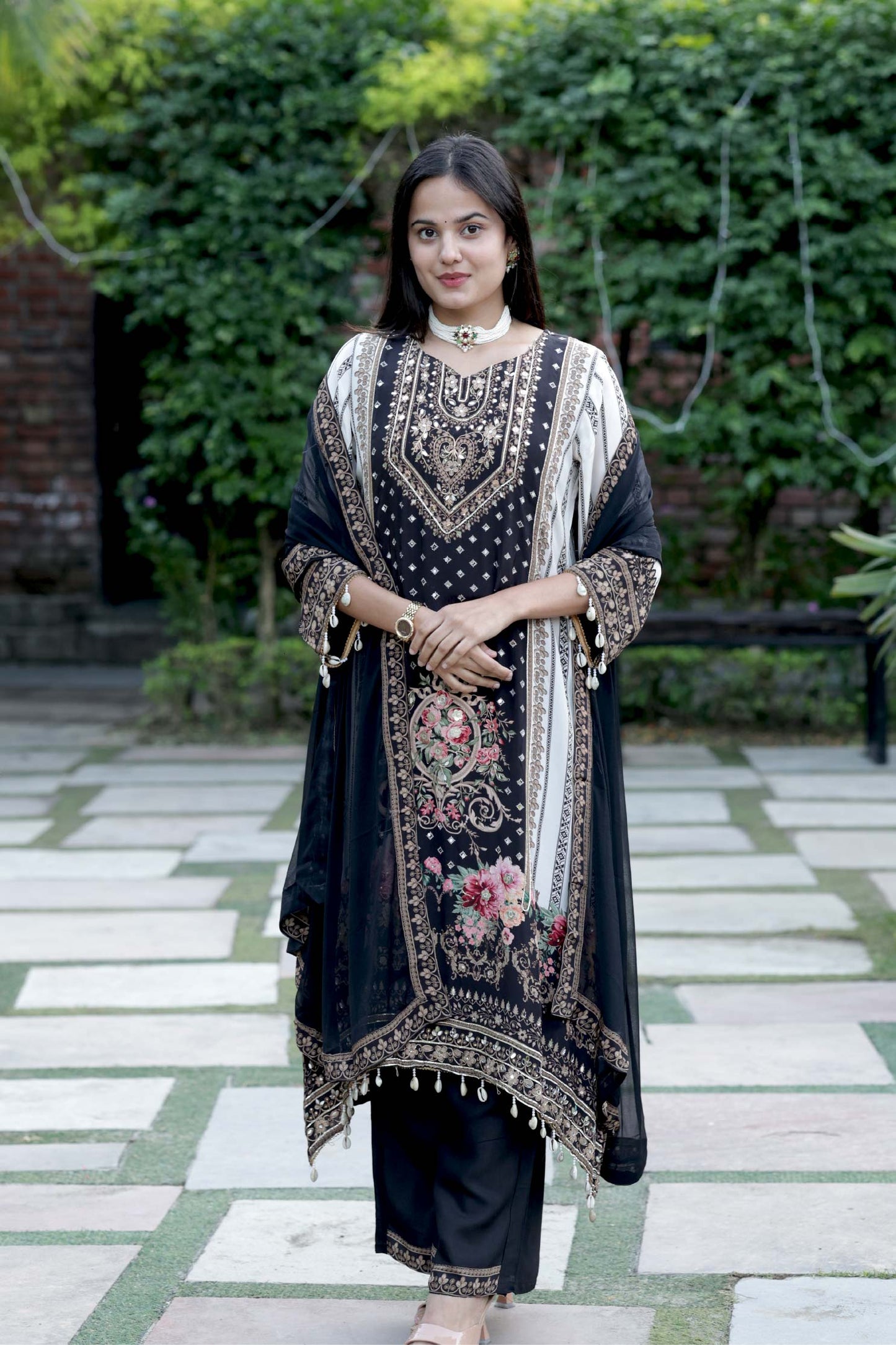 Gulrukh - Pink Yellow Floral Cotton Suit Set with Dupatta