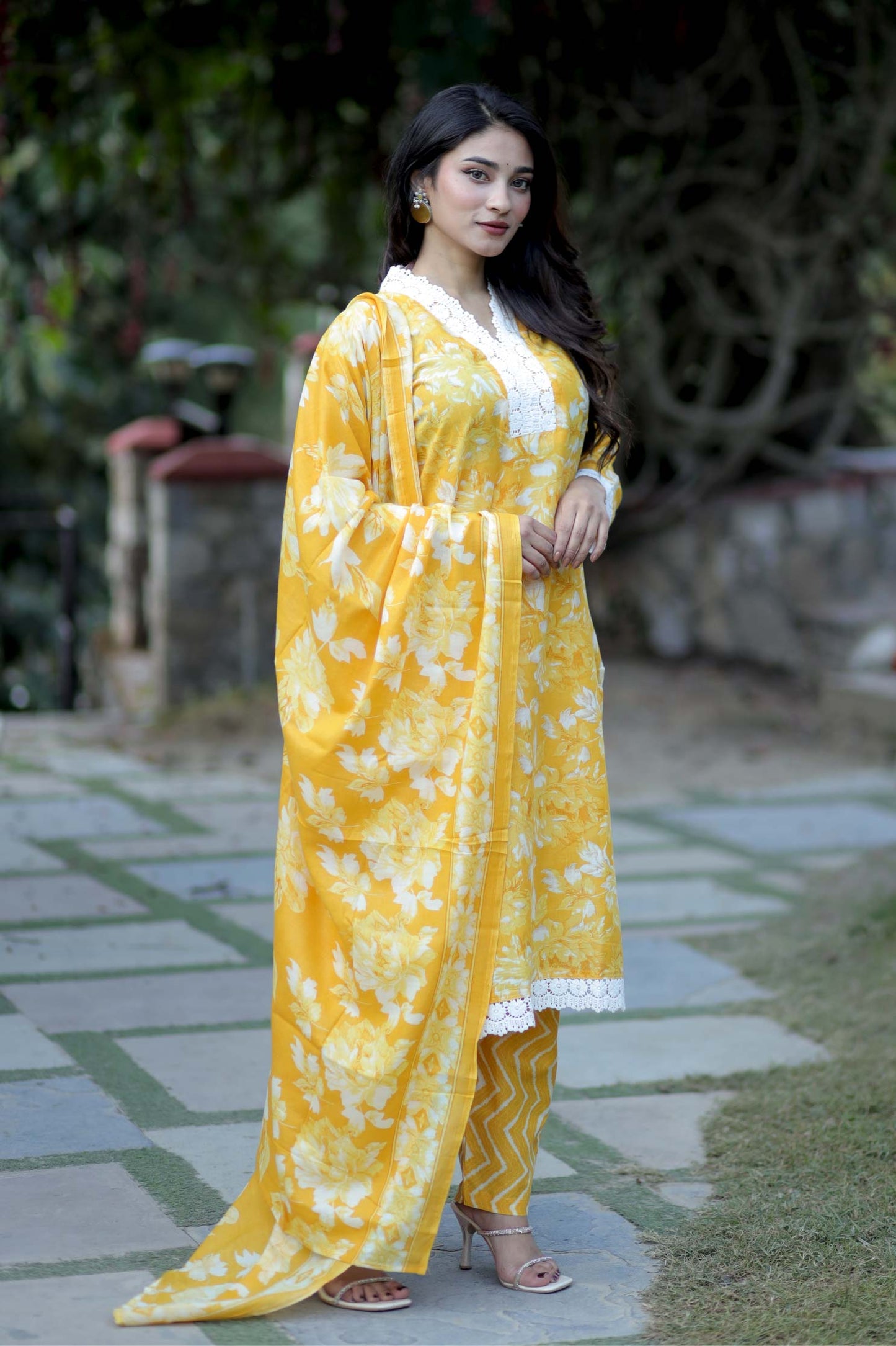 Gauri- Pink Yellow Floral Cotton Suit Set with Dupatta Cotton