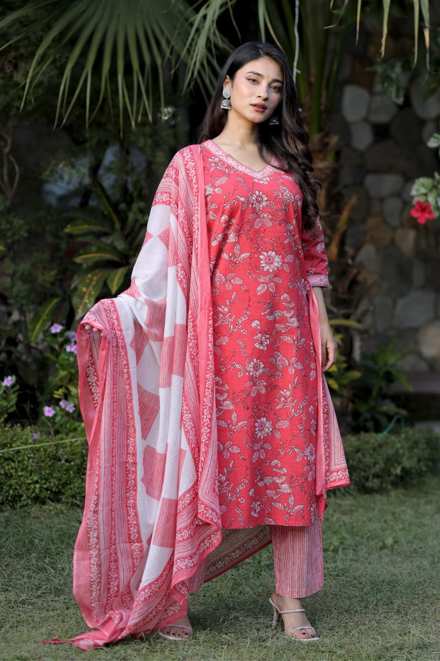 Aarvi Aqua Blue Floral Cotton Suit Set with Dupatta Cotton