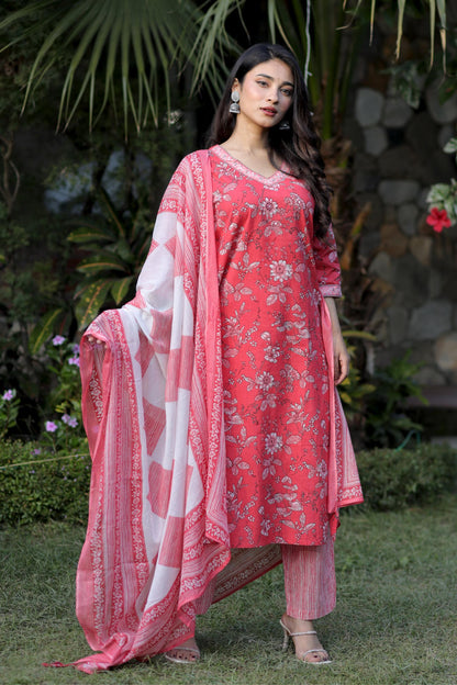 Aarvi Aqua Blue Floral Cotton Suit Set with Dupatta Cotton