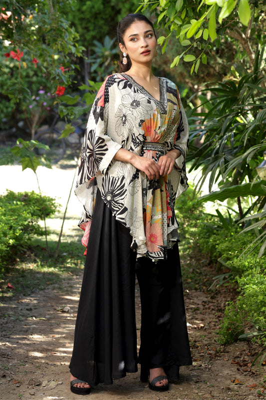 Nalini - Black Crepe Kaftan Style Cord Set with Neck Detailing