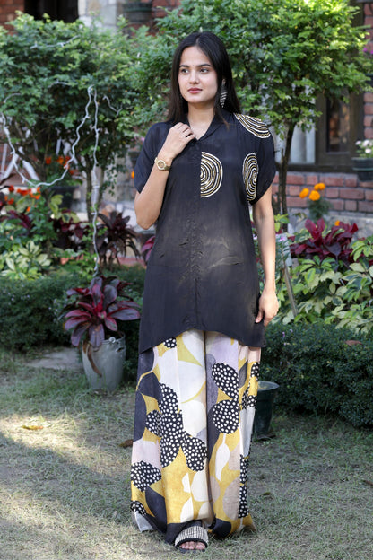 Jugni - Black Pure Crepe Cord Set with Printed Flared Bottom