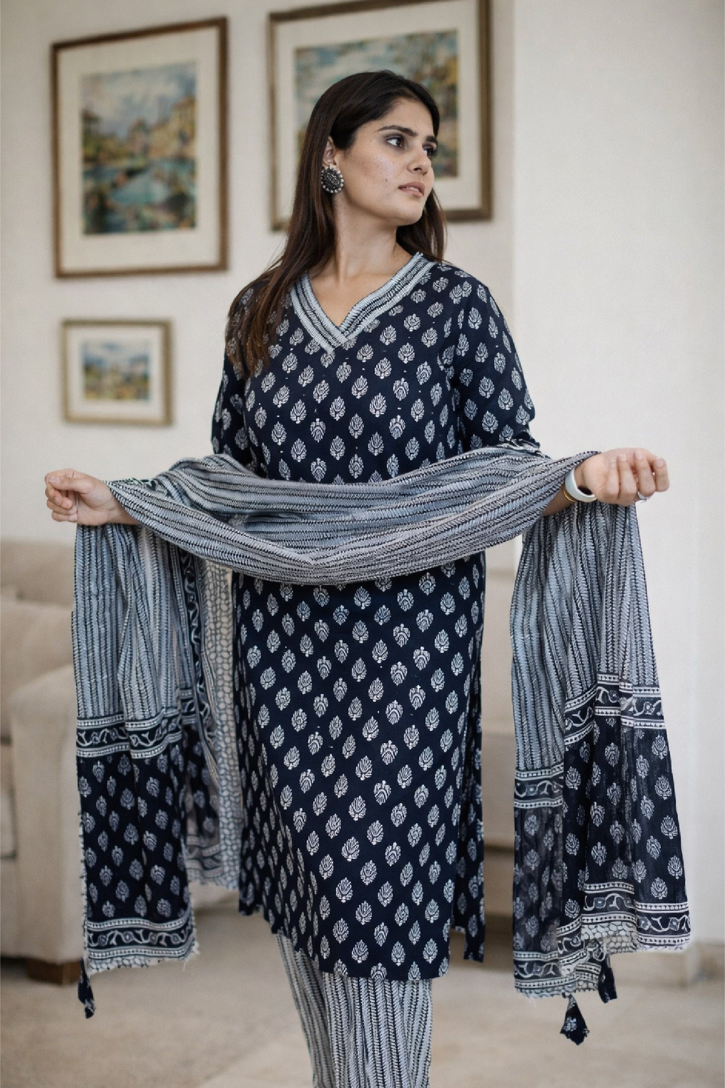 Neelika Indigo Handblock Cotton Suit Set with Dupatta cotton