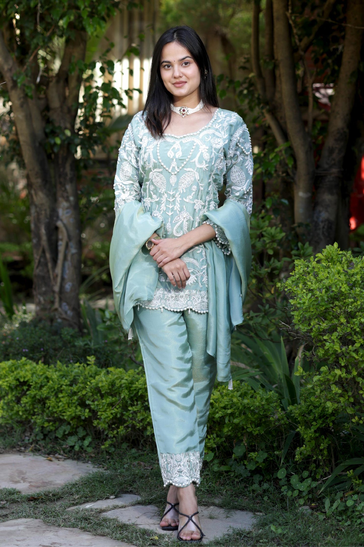 Naira- Aqua Pearl Suit Set