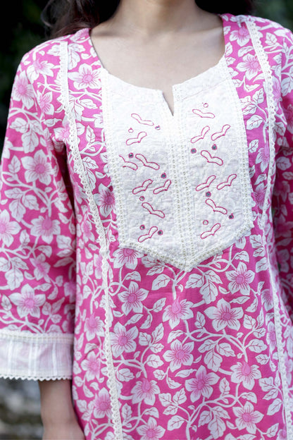 Bloom - Pink Floral Printed Cotton Kurta Set