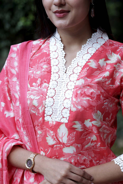 Gauri- Pink Yellow Floral Cotton Suit Set with Dupatta Cotton