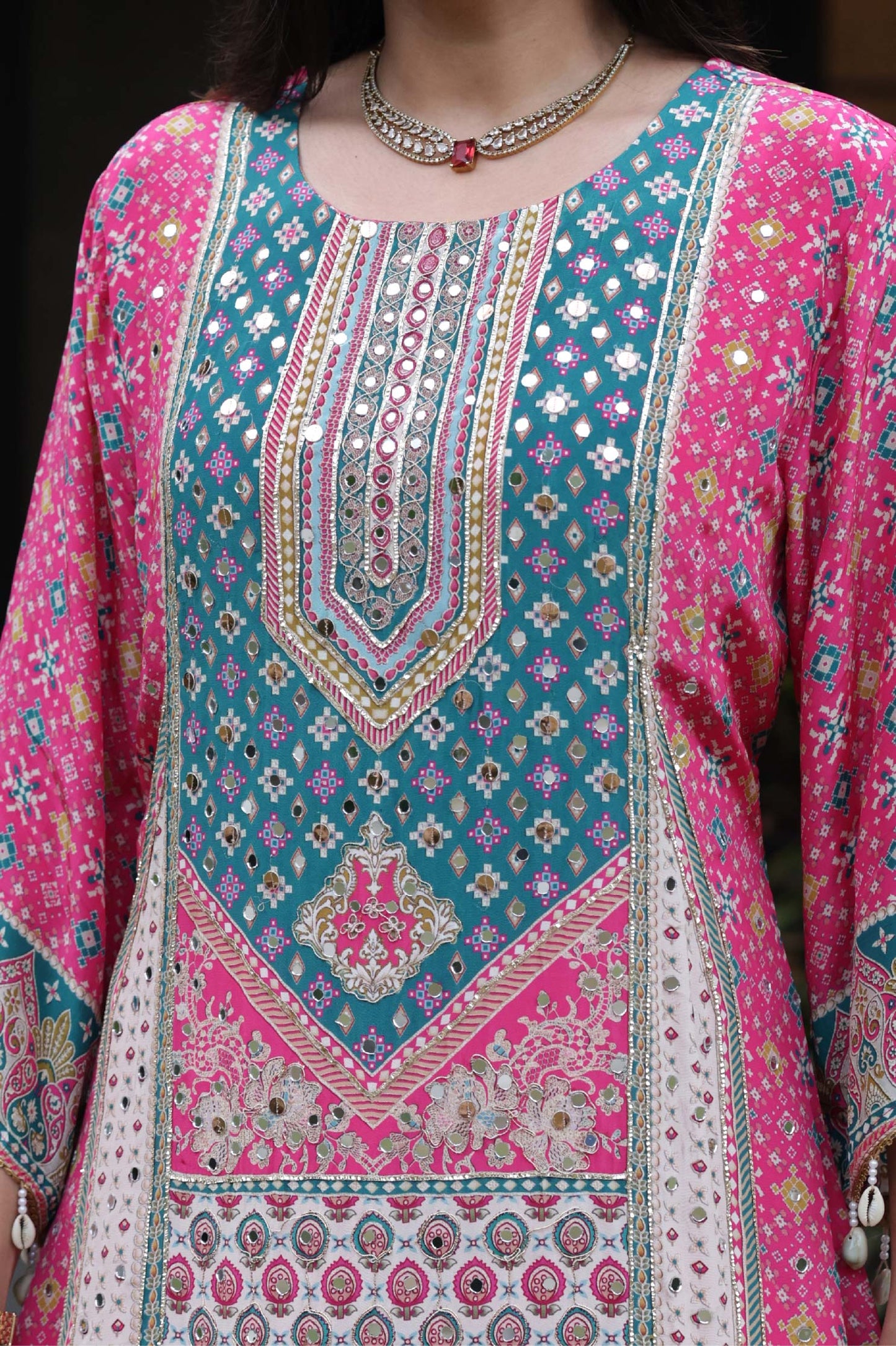 Gulrukh - Pink Yellow Floral Cotton Suit Set with Dupatta