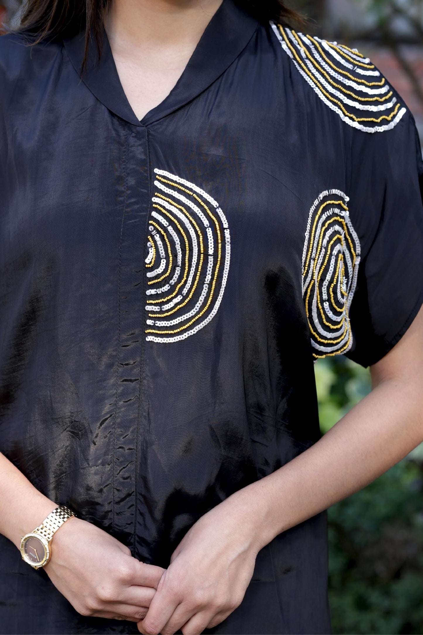 Jugni - Black Pure Crepe Cord Set with Printed Flared Bottom