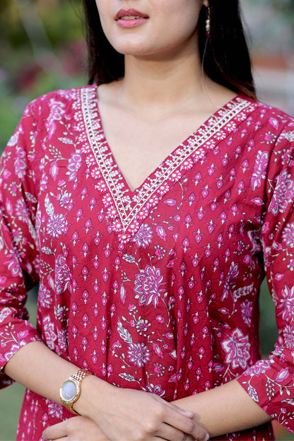 Blue, Red Handblock Cotton Anarkali Suit with Dupatta – M to 3XL