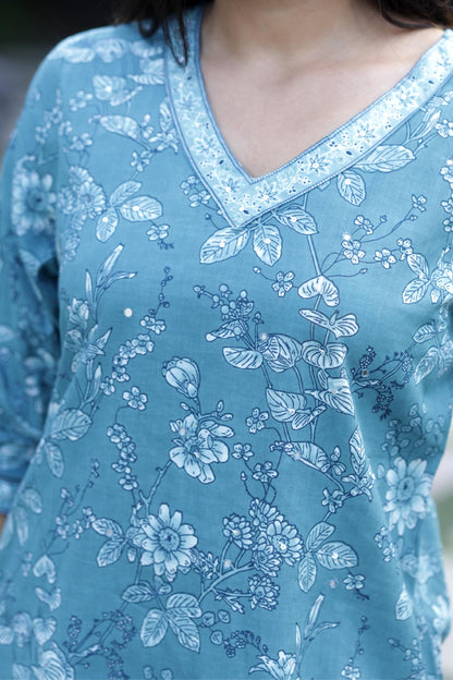 Aarvi Aqua Blue Floral Cotton Suit Set with Dupatta Cotton