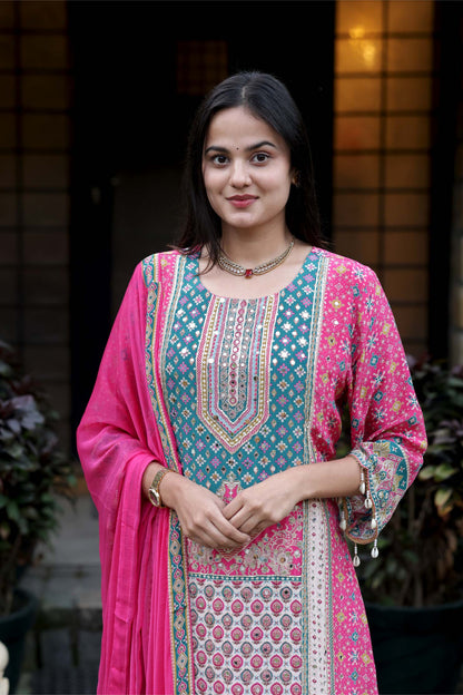 Gulrukh - Pink Yellow Floral Cotton Suit Set with Dupatta