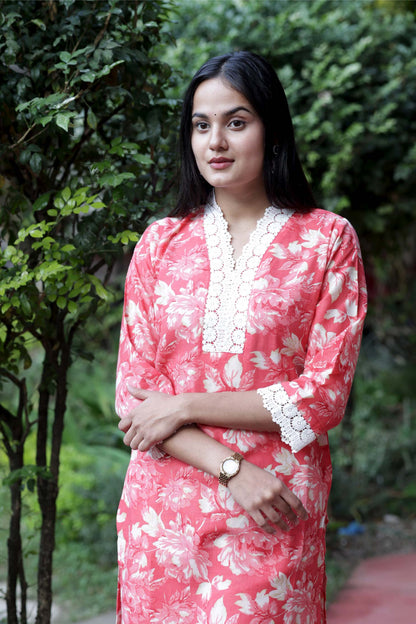 Gauri- Pink Yellow Floral Cotton Suit Set with Dupatta Cotton