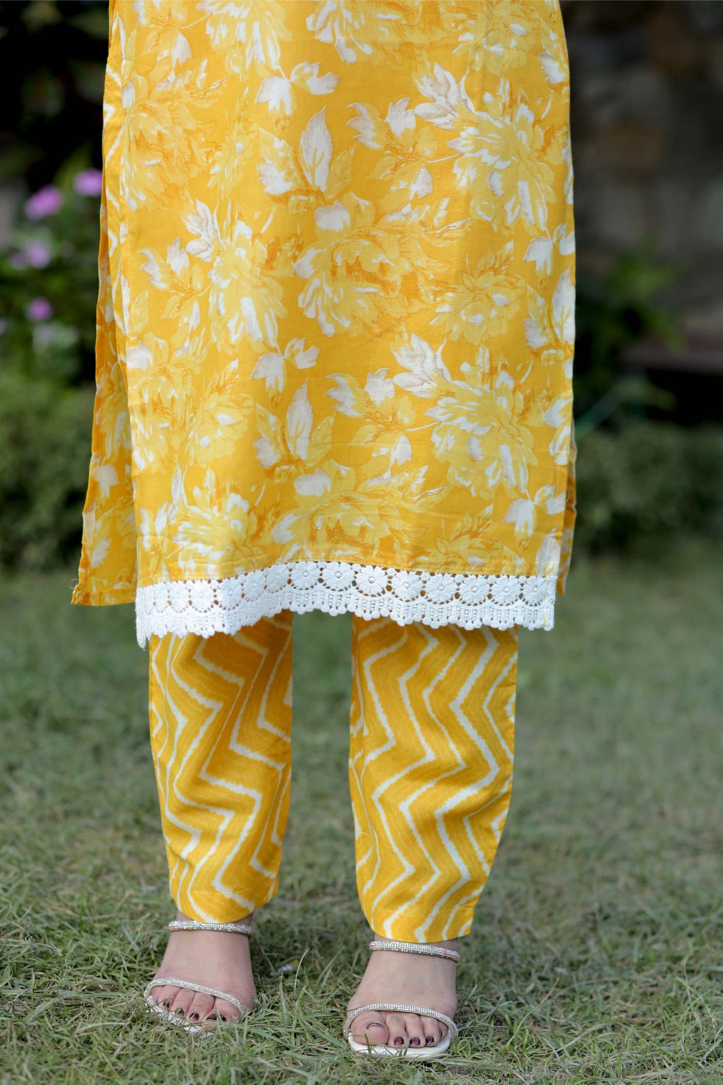 Gauri- Pink Yellow Floral Cotton Suit Set with Dupatta Cotton