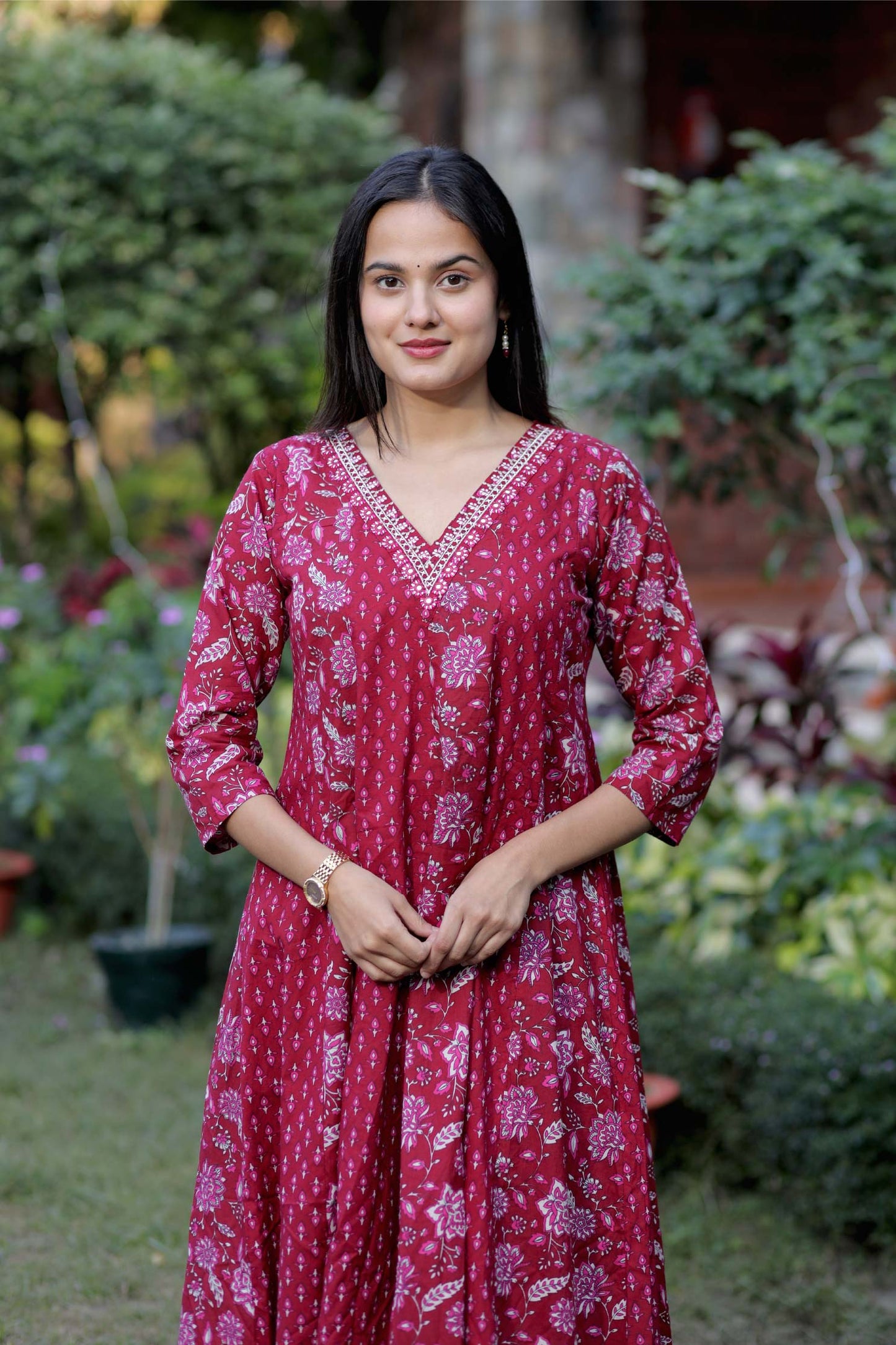 Blue, Red Handblock Cotton Anarkali Suit with Dupatta – M to 3XL