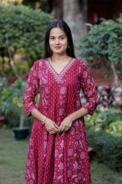 Blue, Red Handblock Cotton Anarkali Suit with Dupatta – M to 3XL