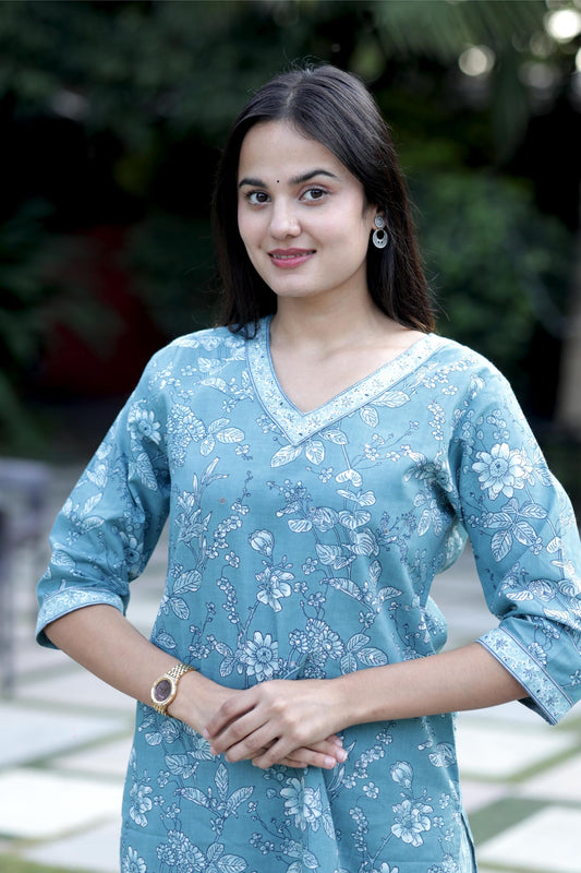 Aarvi Aqua Blue Floral Cotton Suit Set with Dupatta Cotton