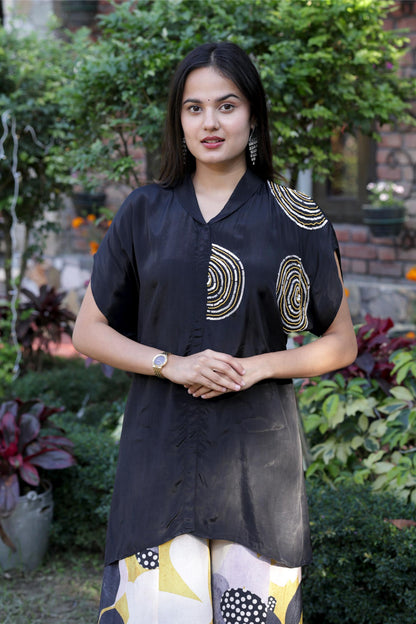 Jugni - Black Pure Crepe Cord Set with Printed Flared Bottom