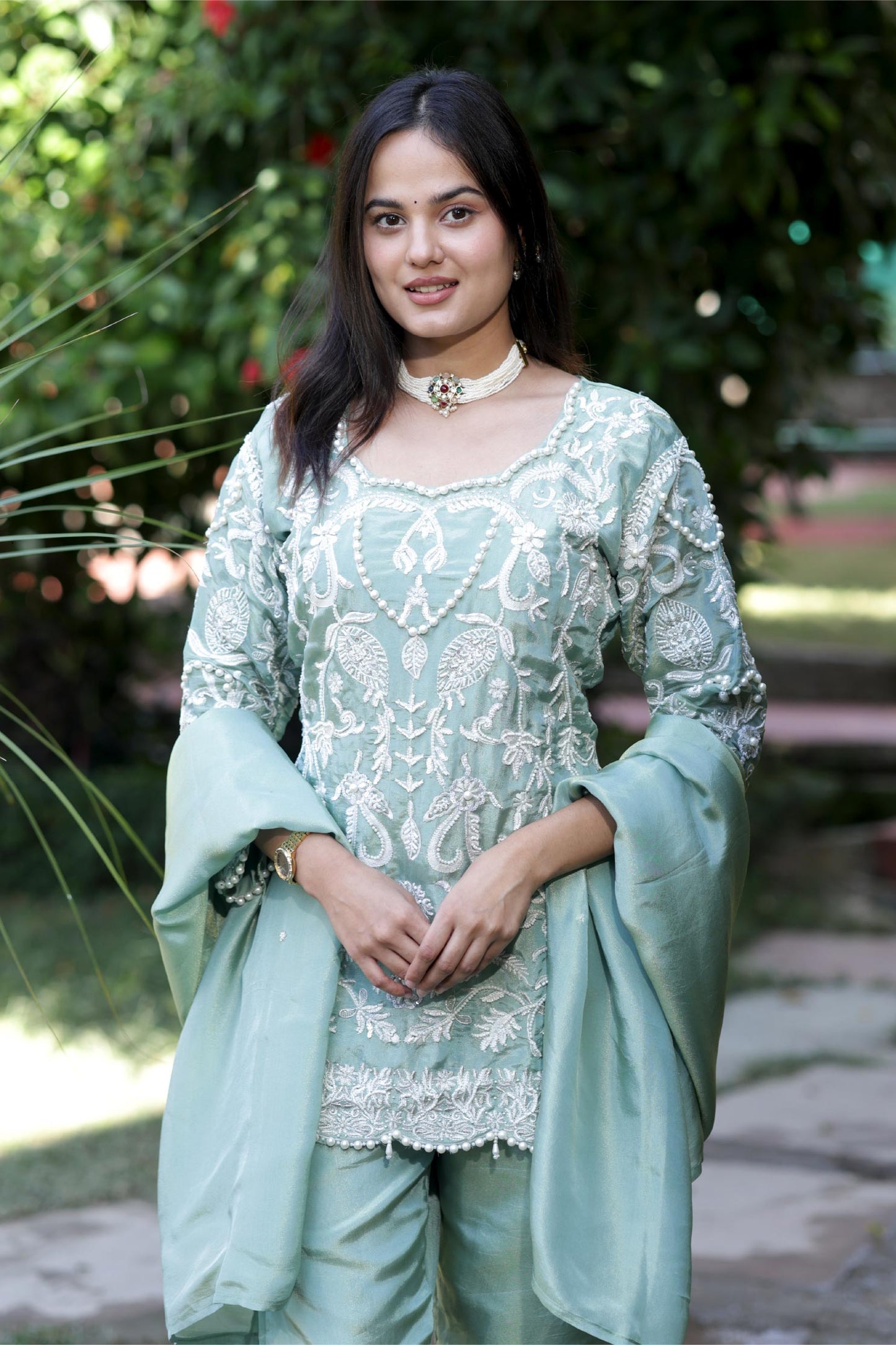 Naira- Aqua Pearl Suit Set