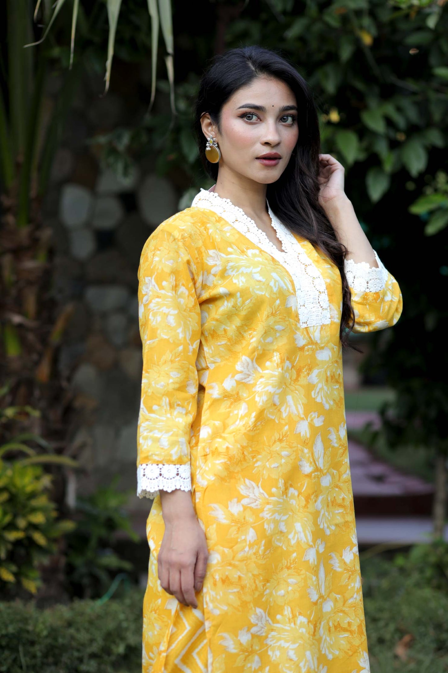 Gauri- Pink Yellow Floral Cotton Suit Set with Dupatta Cotton