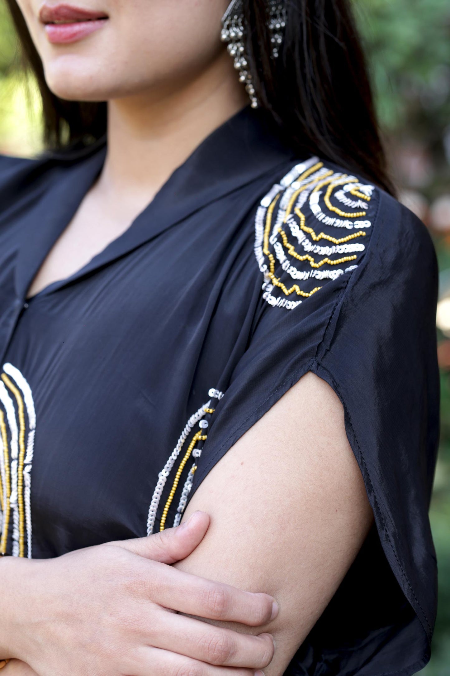 Jugni - Black Pure Crepe Cord Set with Printed Flared Bottom