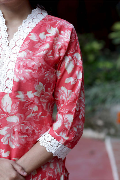 Gauri- Pink Yellow Floral Cotton Suit Set with Dupatta Cotton