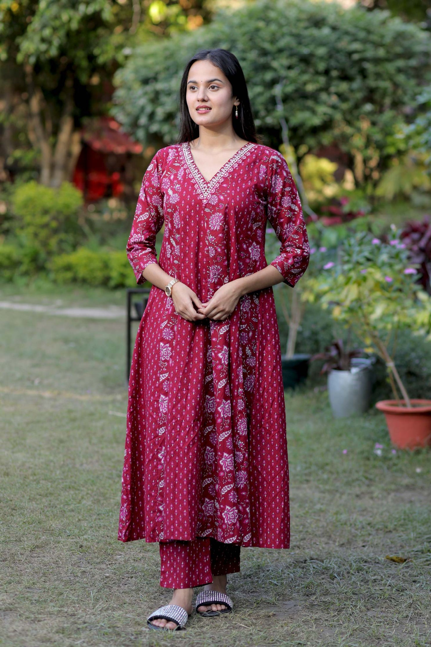 Blue, Red Handblock Cotton Anarkali Suit with Dupatta – M to 3XL