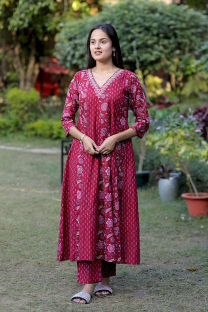 Blue, Red Handblock Cotton Anarkali Suit with Dupatta – M to 3XL