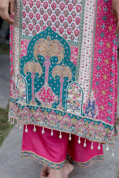Gulrukh - Pink Yellow Floral Cotton Suit Set with Dupatta
