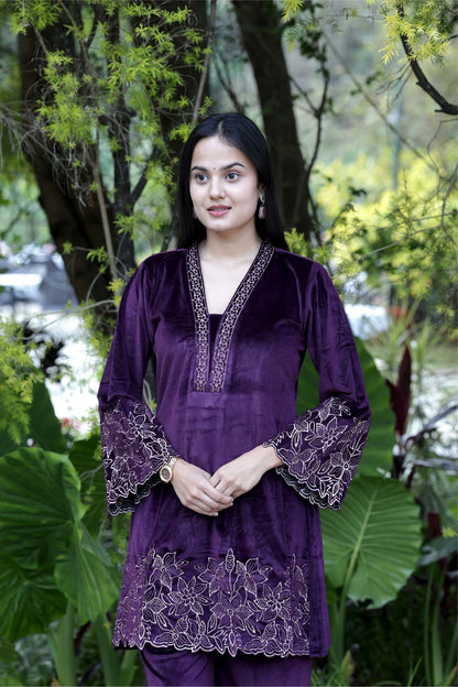 Sehaj-Royal Plum Velvet Cord-Set