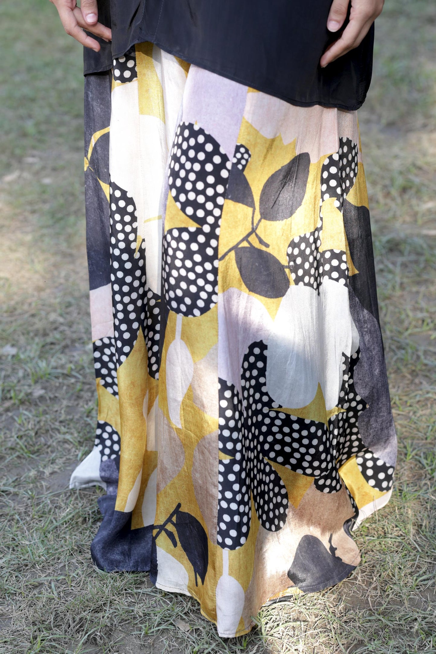 Jugni - Black Pure Crepe Cord Set with Printed Flared Bottom