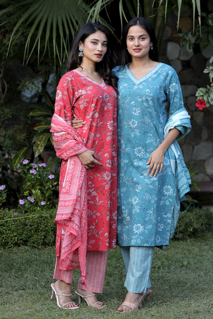 Aarvi Aqua Blue Floral Cotton Suit Set with Dupatta Cotton