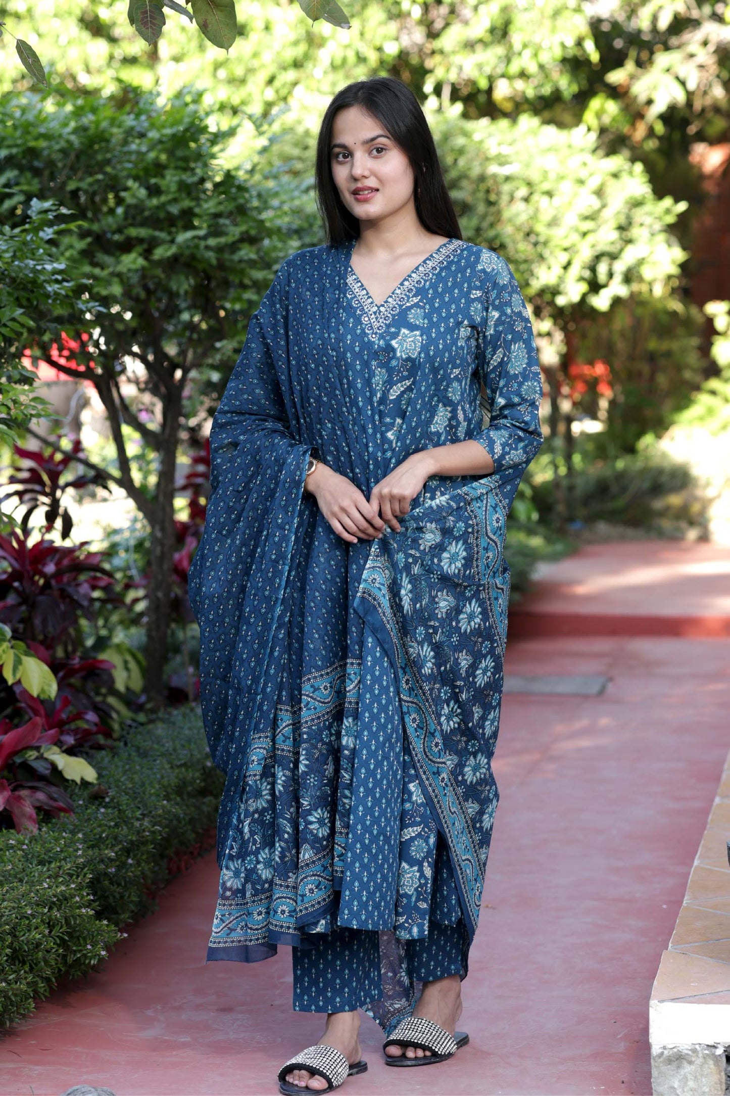 Blue, Red Handblock Cotton Anarkali Suit with Dupatta – M to 3XL