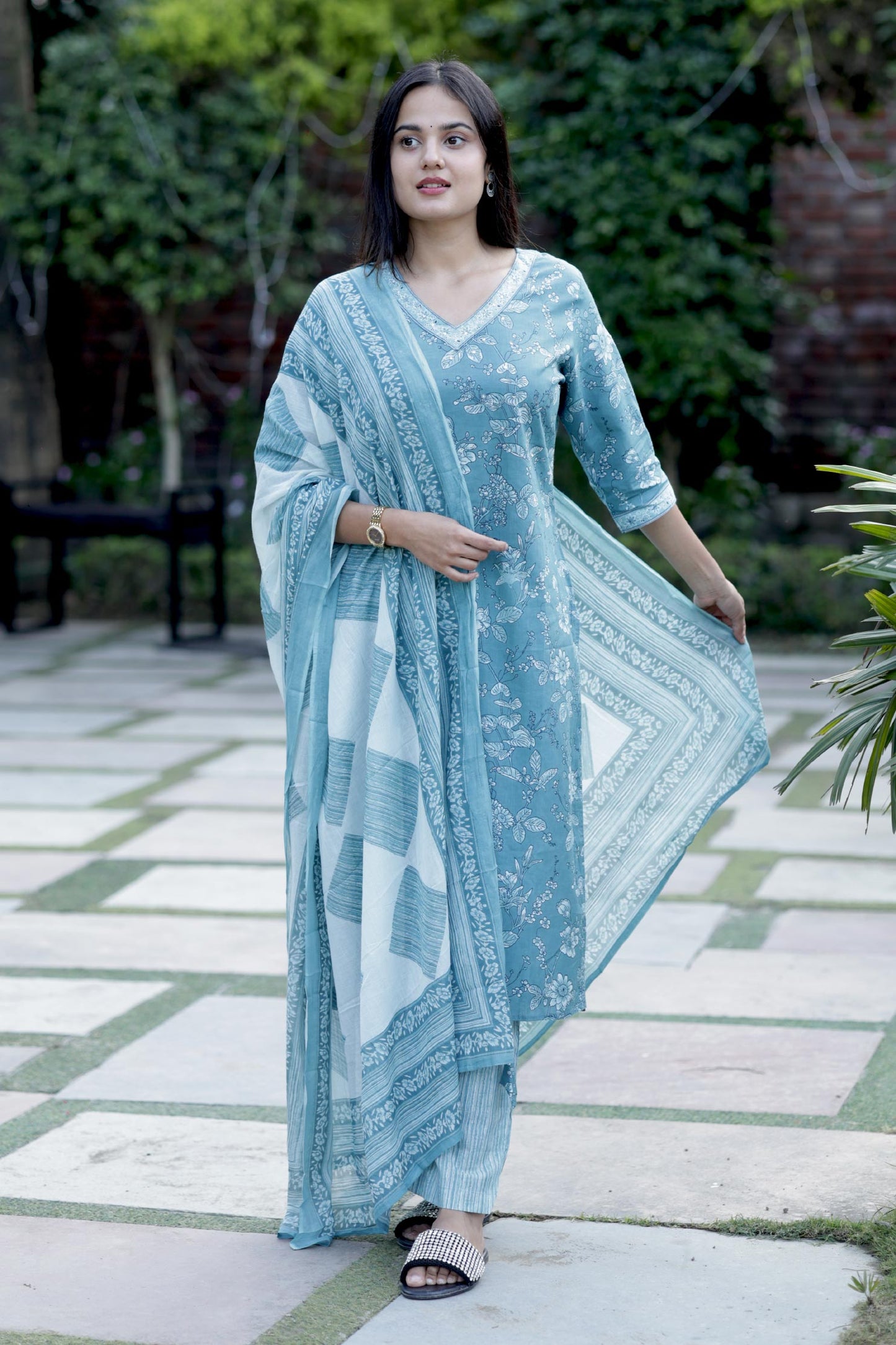 Aarvi Aqua Blue Floral Cotton Suit Set with Dupatta Cotton