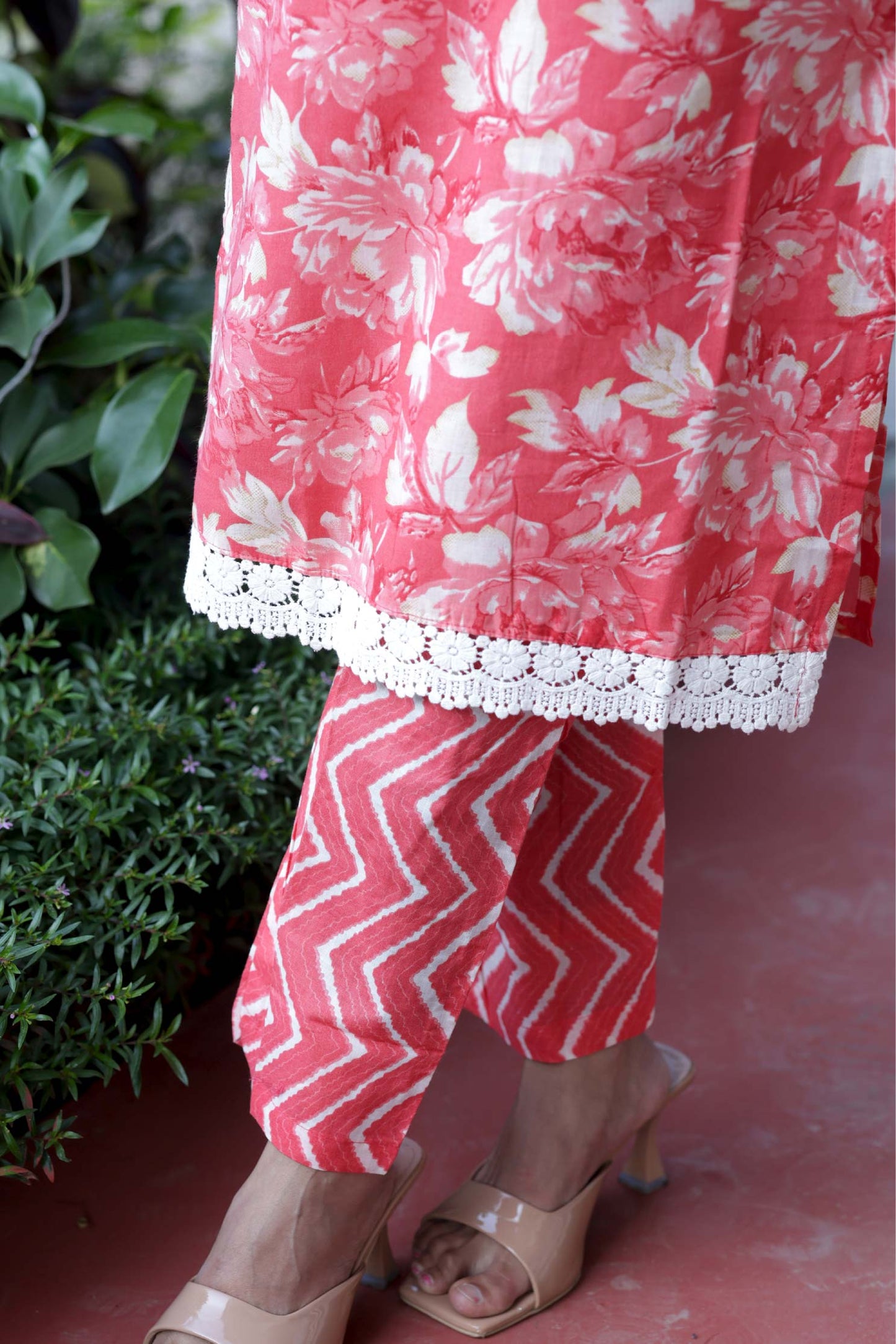 Gauri- Pink Yellow Floral Cotton Suit Set with Dupatta Cotton