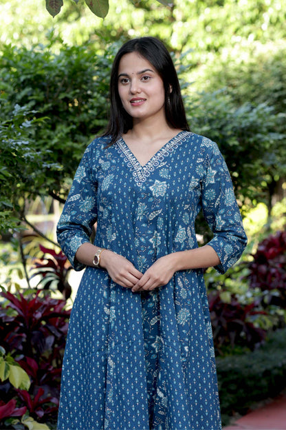 Blue, Red Handblock Cotton Anarkali Suit with Dupatta – M to 3XL