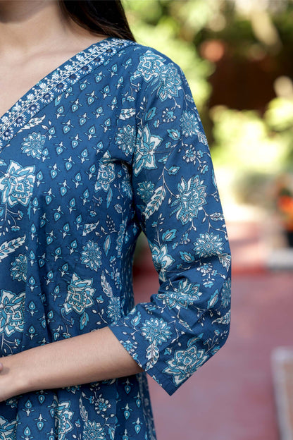 Blue, Red Handblock Cotton Anarkali Suit with Dupatta – M to 3XL