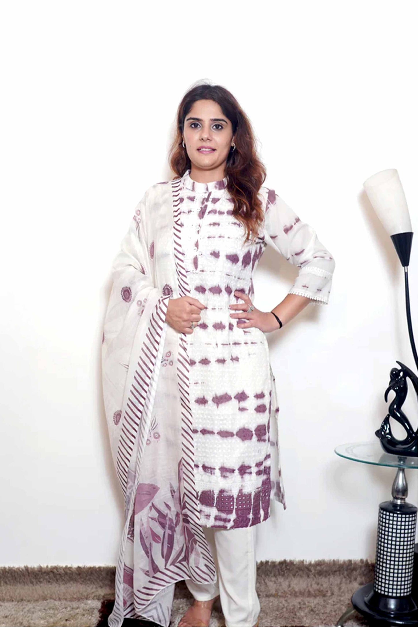 Damini- Ivory Maroon Tie-Dye Printed Kurta Set with Dupatta