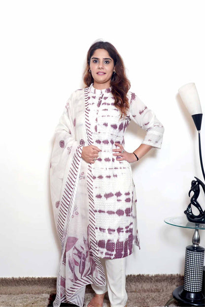 Damini- Ivory Maroon Tie-Dye Printed Kurta Set with Dupatta