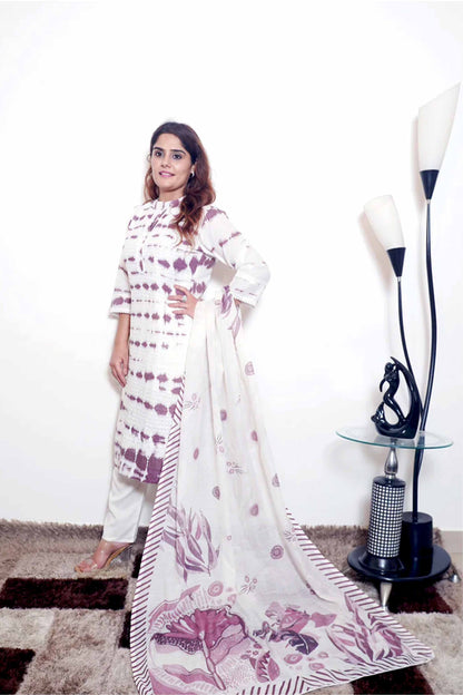 Damini- Ivory Maroon Tie-Dye Printed Kurta Set with Dupatta