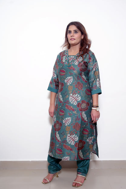 Teal Floral Print Kurta Set