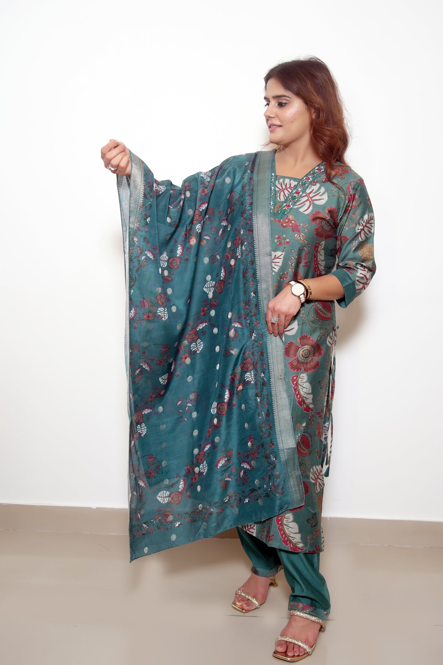 Teal Floral Print Kurta Set