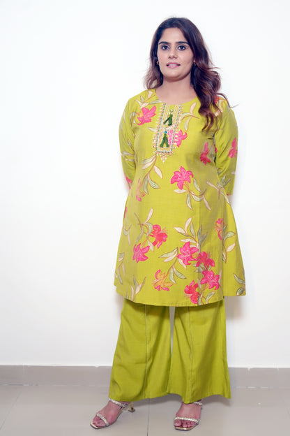 Olivia - Yellow Cotton Silk Short A-Line Kurta with Palazzo Set
