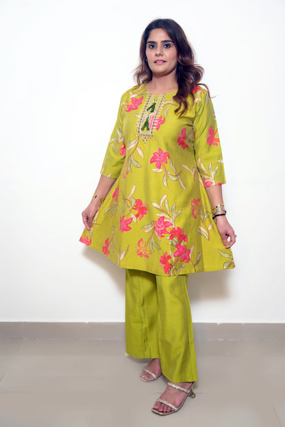 Olivia - Yellow Cotton Silk Short A-Line Kurta with Palazzo Set